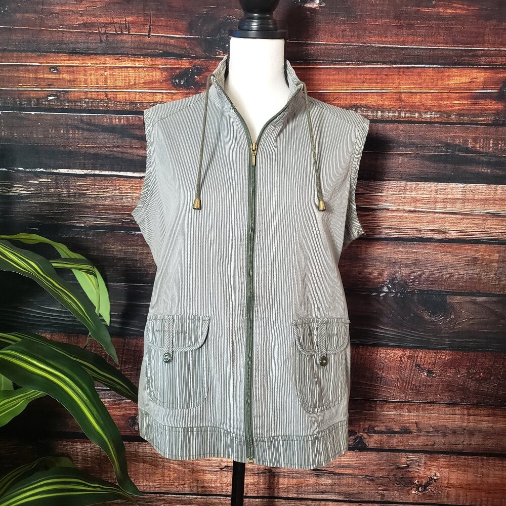 Allison Daley Vest Size 8 Full Zip Cotton Olive Green Striped Pockets